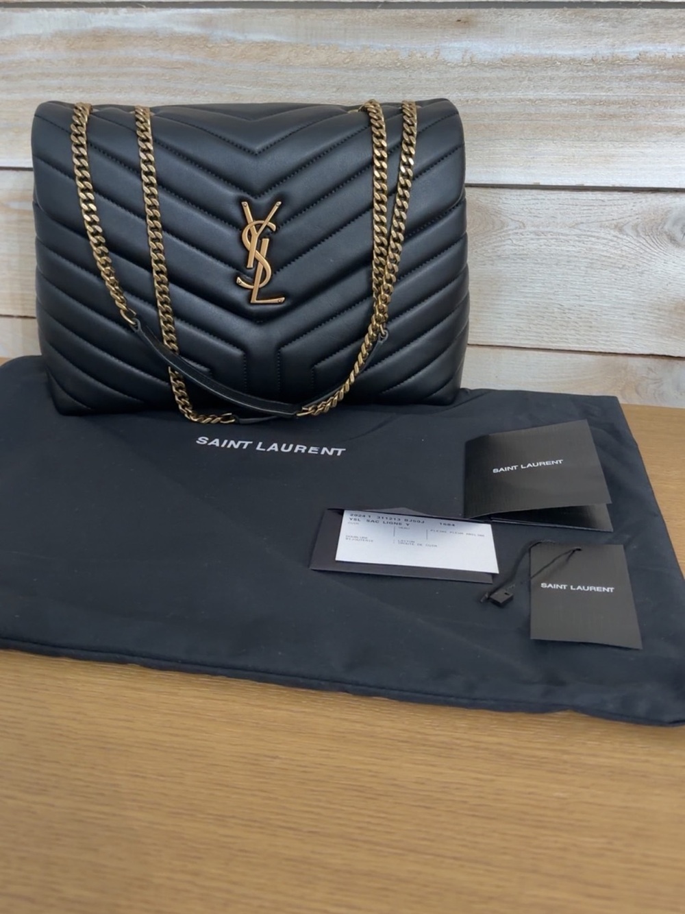 Saint Laurent Black Quilted Chevron Shoulder Bag with Gold Chain & YSL Logo